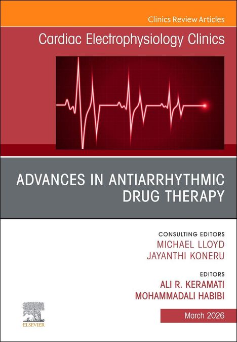 Oben steht "Cardiac Electrophysiology Clinics" und darunter "ADVANCES IN ANTIARRHYTHMIC DRUG THERAPY". Ein Herzschlag-Muster ist abgebildet.