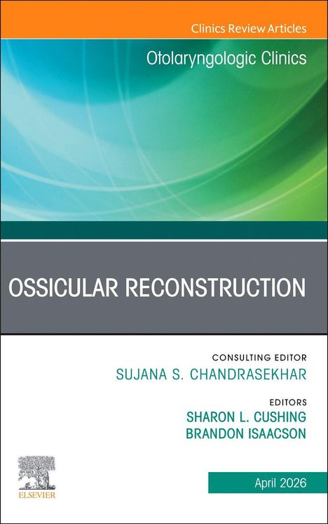 „Ossicular Reconstruction.“ Mit grünen und blauen Wellenlinien, orangefarbener Balken oben. Logo links unten.