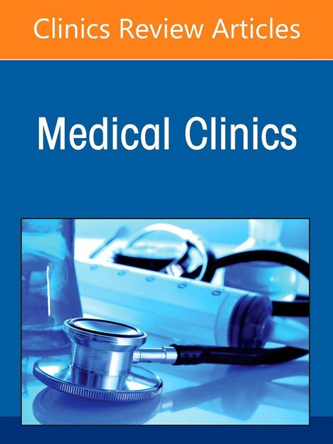 „Clinics Review Articles“, „Medical Clinics“; blaues Cover mit Stethoskop, Spritze, Brille und Flasche.
