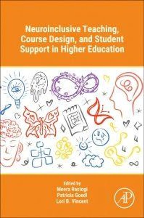 Titel: "Neuroinclusive Teaching, Course Design, and Student Support in Higher Education". Bunte Symbole und Zeichnungen.