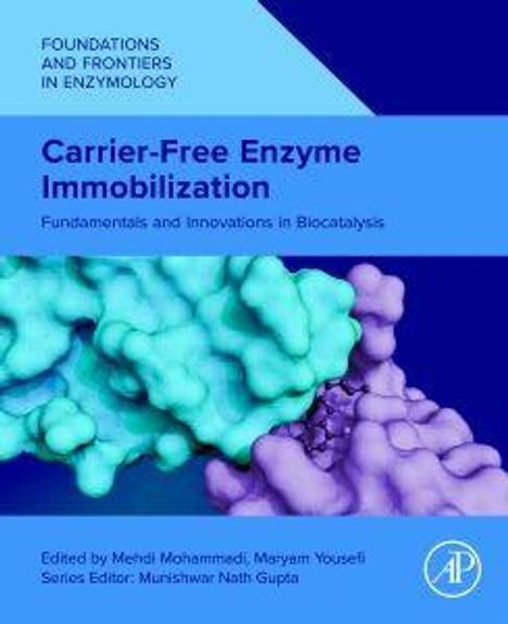 „Carrier-Free Enzyme Immobilization“, Buchcover, blauer Hintergrund, farbige Proteine. Bearbeitet von Mehdi Mohammadi, Maryam Yousefi.