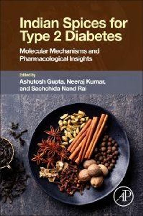 "Indian Spices for Type 2 Diabetes" oben, darunter ein Teller mit Gewürzen wie Zimt und Muskatnüssen auf grauem Hintergrund.