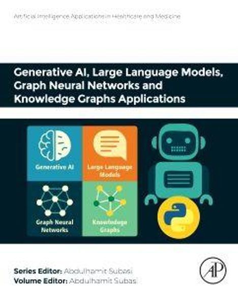"Generative AI, Large Language Models, Graph Neural Networks and Knowledge Graphs Applications.” Illustration mit Roboter und Symbolen.