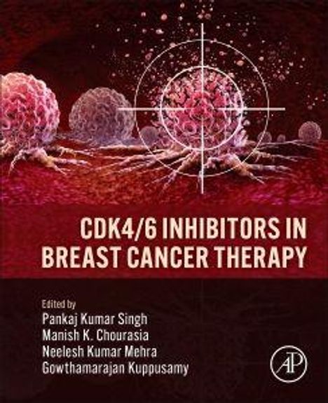 "CDK4/6 Inhibitors in Breast Cancer Therapy", herausgegeben von vier Personen. Illustration von Krebszellen mit Zielscheibe.