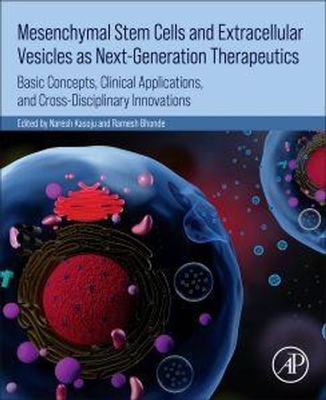 Text: "Mesenchymal Stem Cells and Extracellular Vesicles as Next-Generation Therapeutics." Illustration von Zellen.