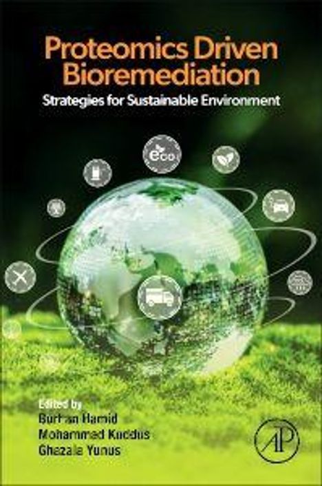 „Proteomics Driven Bioremediation: Strategies for Sustainable Environment” darüber eine Erde mit Umweltsymbolen.