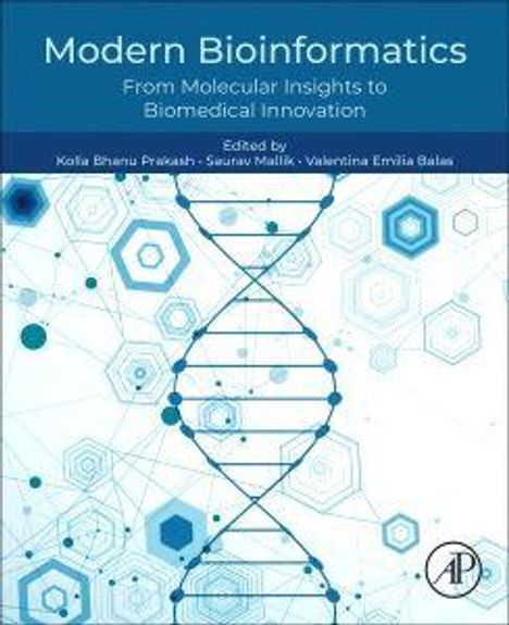 Oben steht "Modern Bioinformatics: From Molecular Insights to Biomedical Innovation." Geometrische DNA-Illustration.