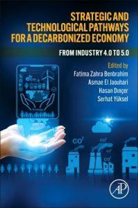 "Strategic and Technological Pathways for a Decarbonized Economy" in gelber Schrift. Illustration von Industrieanlagen.