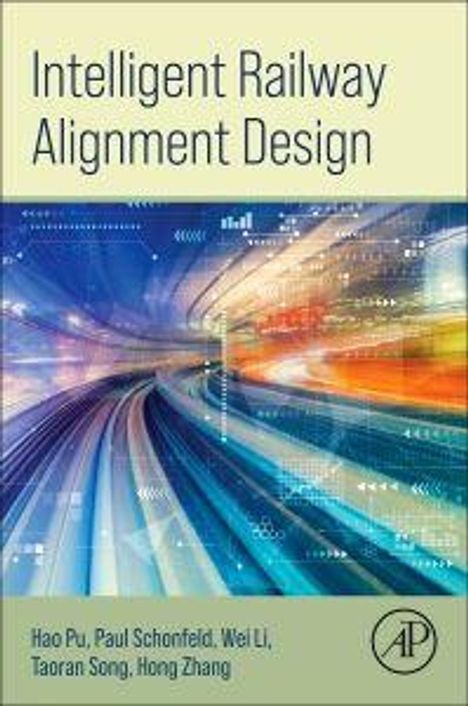 "Intelligent Railway Alignment Design" von Hao Pu et al. zeigt dynamische, bunte Lichtstreifen, die Geschwindigkeit suggerieren.