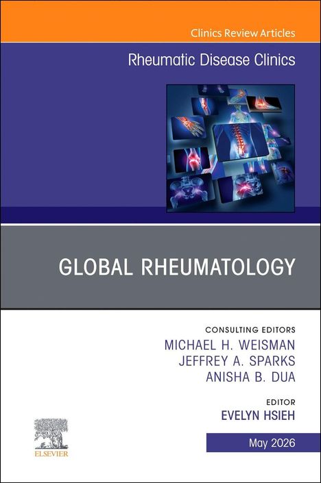 "GLOBAL RHEUMATOLOGY" groß auf grauem Hintergrund. Illustrationen mit medizinischen Bildern von Gelenken.