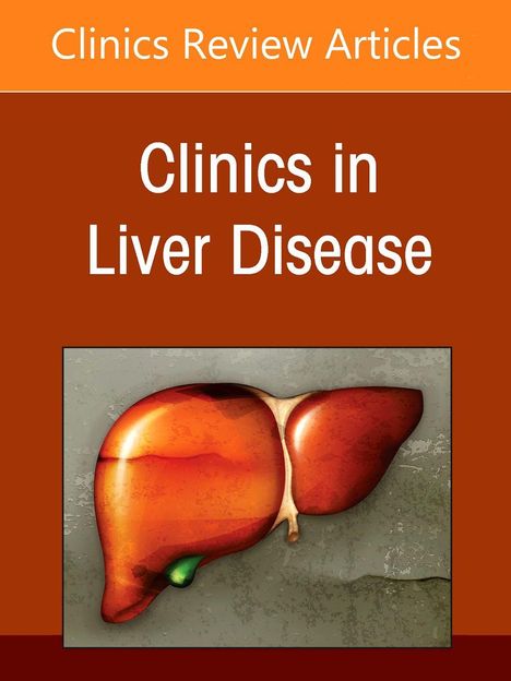 "Clinics Review Articles" und "Clinics in Liver Disease". Illustration einer Leber auf braunem Hintergrund.