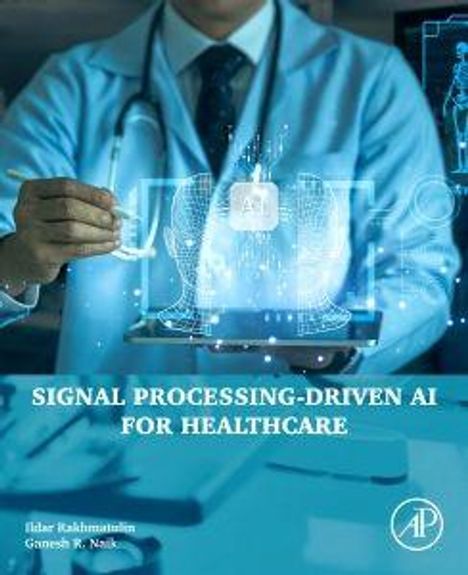 "Signal Processing-Driven AI for Healthcare" steht über einem Mann im Anzug mit holografischen medizinischen Grafiken.