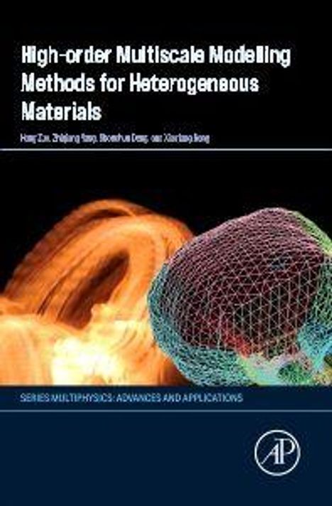 „High-order Multiscale Modelling Methods for Heterogeneous Materials“. Illustration: Bunte Netzstruktur neben einem abstrakten Objekt.