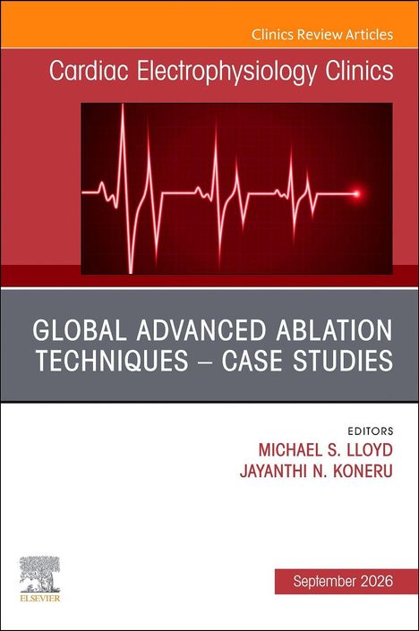 Oben: "Cardiac Electrophysiology Clinics". Ein roter Elektrokardiogramm-Aufdruck betont das Thema.