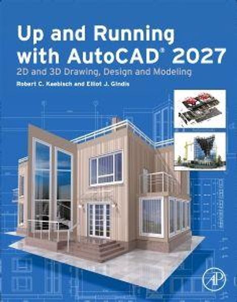 „Up and Running with AutoCAD 2027“, 3D-Design einer modernen Gebäudestruktur auf blauem Hintergrund.