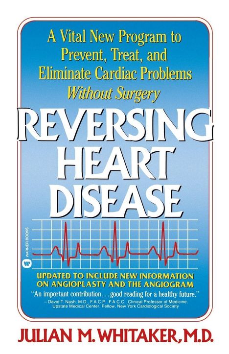 Text: „Reversing Heart Disease“; Grafik eines Herz-EKGs auf blauem Hintergrund; Name unten: Julian M. Whitaker, M.D.