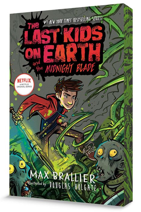Text: „THE LAST KIDS ON EARTH and the MIDNIGHT BLADE“. Illustration: Ein Junge mit einem Schwert kämpft gegen Monster.