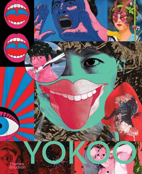 "YOKOO" in grünem Text. Eine bunte Collage aus Illustrationen mit Gesichtern, Augen, Mündern und surrealen Bildern.