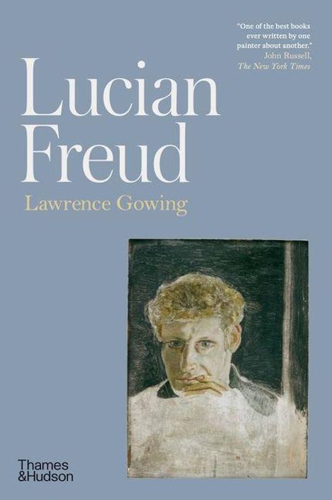 "Lucian Freud" von Lawrence Gowing. Zitat oben rechts. Darunter Illustration eines Mannes mit blonden Locken und ernstem Blick.