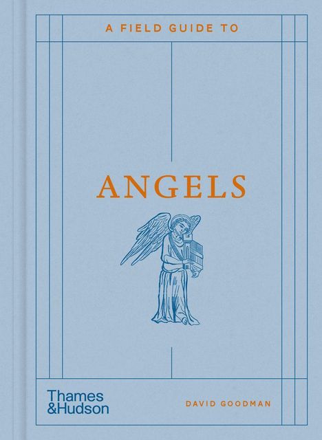 Text: "A Field Guide to Angels", "Thames & Hudson", "David Goodman". Illustration: Engel mit Buch. Hellblaue Buchdecke.