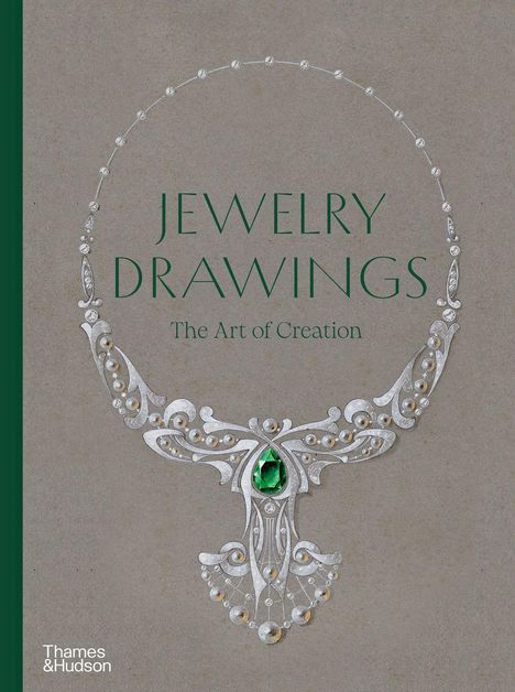 "Jewelry Drawings: The Art of Creation." Ein kunstvolles Schmuckdesign mit einem zentralen grünen Stein.