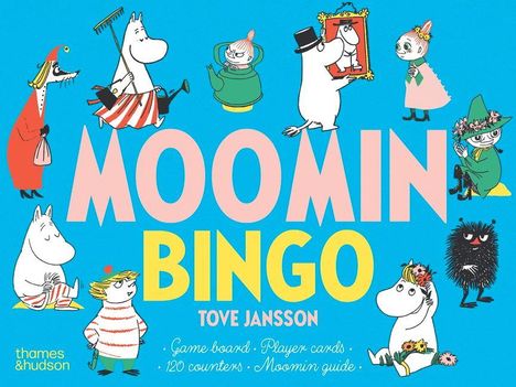 "Moomin Bingo" steht in großen Buchstaben. Verschiedene Charaktere aus dem Moomin-Universum umgeben den Text.