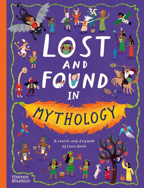 Text: "LOST AND FOUND IN MYTHOLOGY". Illustration bunter Fabelwesen und Figuren auf lila Hintergrund.