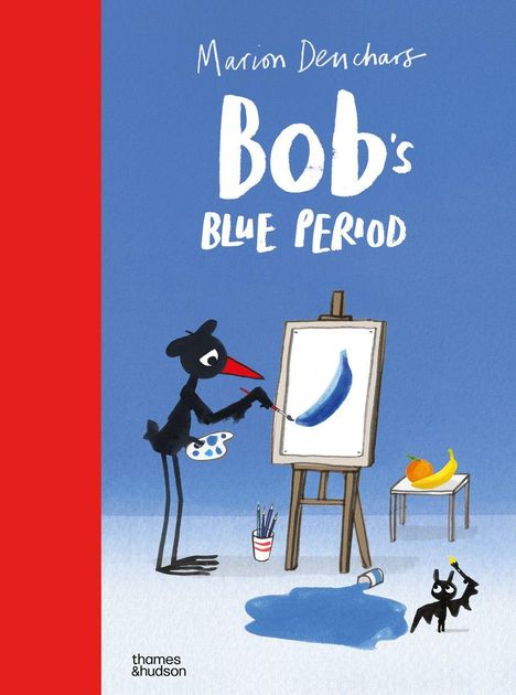 „Bob’s Blue Period“. Eine schwarze Vogel-Illustration malt mit Blau auf eine Staffelei, daneben Früchte.
