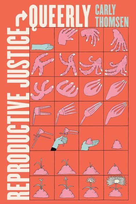 „Reproductive Justice“, „Queerly“, „Carly Thomsen“. Illustration von Händen und Pflanzen auf rotem Hintergrund.