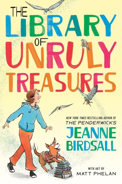 "The Library of Unruly Treasures" in bunten Buchstaben. Junge in blauer Jacke mit Hund, Vögel fliegen umher.