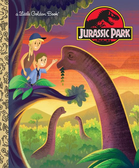 "Jurassic Park" Logo mit Dinosaurier. Zwei Menschen beobachten Dinosaurier in bunter Landschaft.