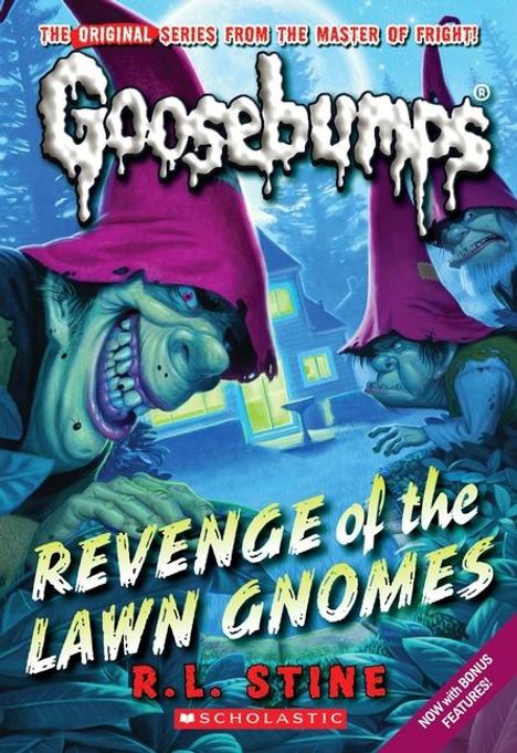 "Goosebumps: Revenge of the Lawn Gnomes" von R.L. Stine. Zwei grinsende, bedrohliche Wichtel mit rosa Mützen im Vordergrund.