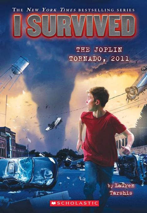 Buchtitel: "I Survived, The Joplin Tornado, 2011". Junge rennt vor einem Tornado, Autos sind beschädigt.