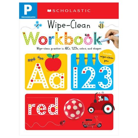 Text: "Scholastic Wipe-Clean Workbook. Aa 123 red." Illustration: Buchcover mit Apfel, Traktor, Stiften, und Punkten.