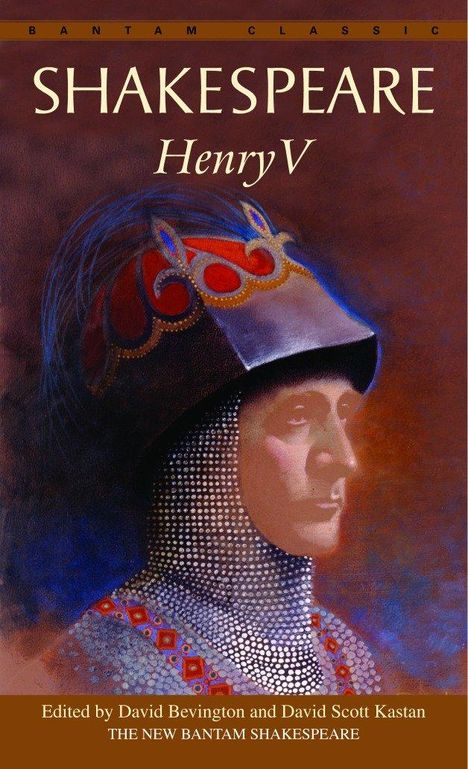 Titel "Shakespeare Henry V". Illustration: Porträt von Mann in Ritterrüstung mit prachtvollem Helm.