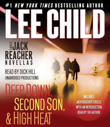 Text: "LEECHILD", "THREE JACK REACHER NOVELLAS", "DEEP DOWN, SECOND SON, & HIGH HEAT". Silhouetten von drei Personen gehen.