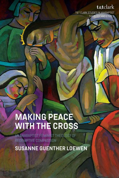 „Making Peace with the Cross“ von Susanne Guenther Loewen zeigt eine expressionistische Szene mit mehreren Personen.