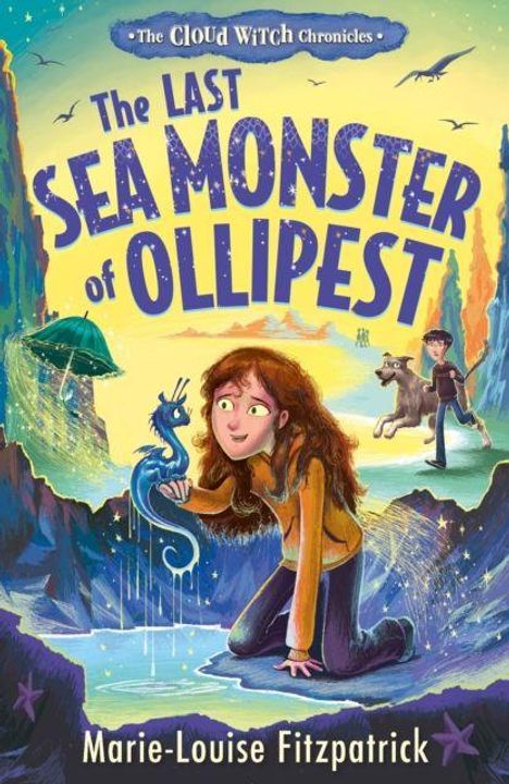 "The Last Sea Monster of Ollipest" von Marie-Louise Fitzpatrick. Ein Mädchen hält ein blaues Seemonster. Ein Junge steht hinten.