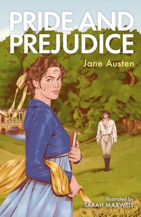 "Pride and Prejudice", "Jane Austen", Illustration. Frau in blau mit gelbem Schal, Mann im Hintergrund, ländliche Szenerie.