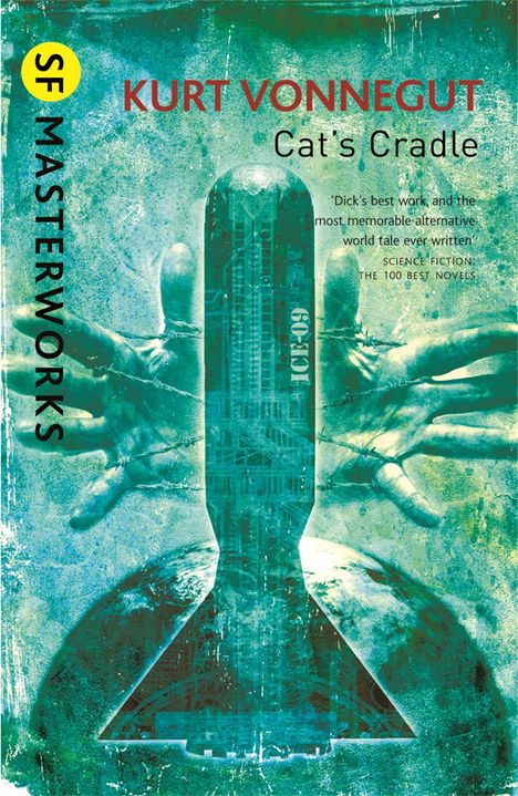 Der Text zeigt "KURT VONNEGUT" und "Cat's Cradle". Illustration: Hände und Rakete, umgeben von einem abstrakten, blauen Design.
