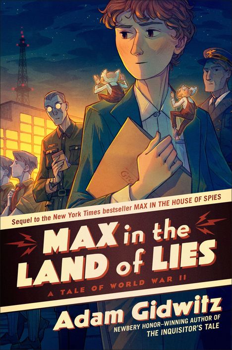 "Max in the Land of Lies: A Tale of World War II" von Adam Gidwitz. Illustration eines Jungen mit Ordner.