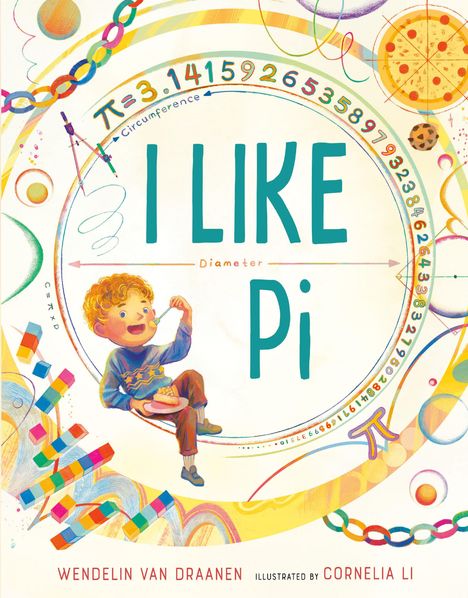 Ein Junge isst Kuchen. Der Text lautet: "I LIKE Pi" umgeben von bunten Formen und Zahlen.