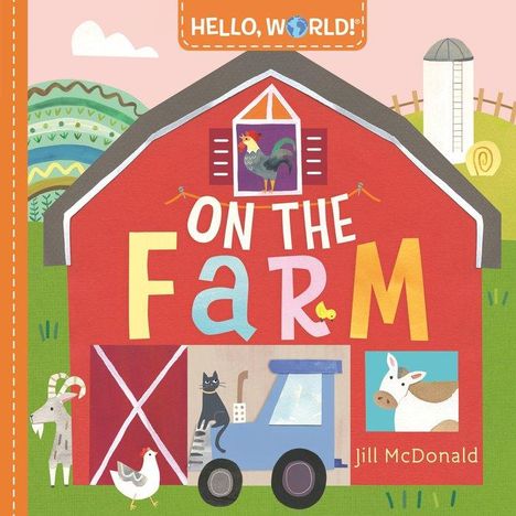 "ON THE FARM" in großen bunten Buchstaben auf einer roten Scheune. Tiere wie Hahn, Ziege, Katze und Kuh sind dargestellt.
