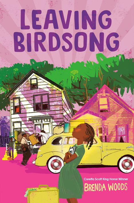 "LEAVING BIRDSONG", "Brenda Woods". Illustration: Mädchen mit Buch vor Häusern, gelbes Auto und Koffer im Vordergrund.