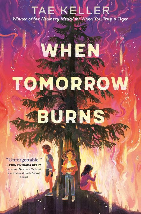 "When Tomorrow Burns" zeigt Kinder vor einem großen Baum mit buntem, feurigem Himmel im Hintergrund.