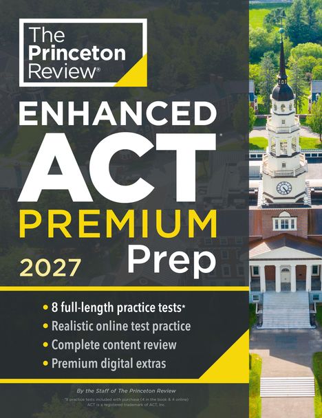 „The Princeton Review Enhanced ACT Premium Prep 2027“ mit Bildern einer Kirche und eines Gebäudes.