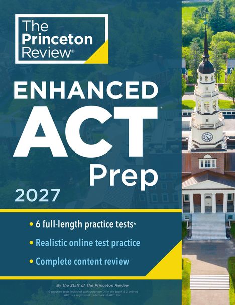 „The Princeton Review Enhanced ACT Prep 2027“ steht über einer Luftaufnahme einer Universität mit Turm und Gebäude.