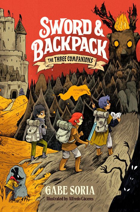 "Sword & Backpack: The Three Companions." Drei Abenteurer mit Rucksäcken, ein Schwertträger und ein Wesen mit leuchtenden Augen im Wald.