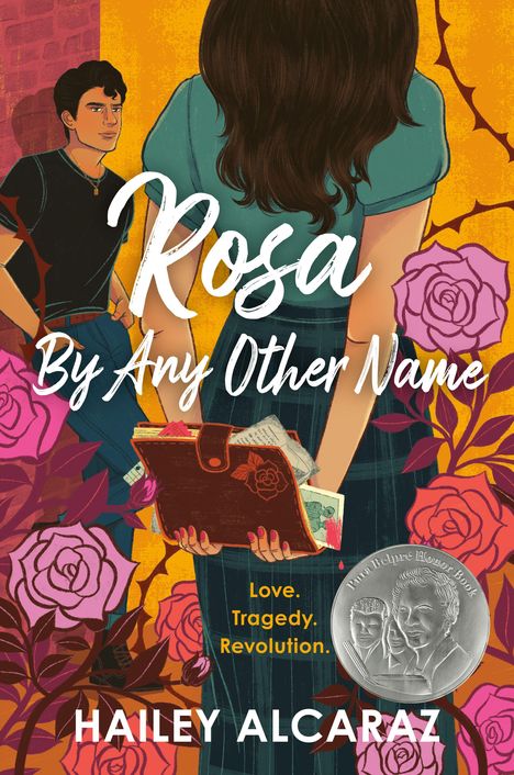 "Rosa By Any Other Name", "Love. Tragedy. Revolution." Eine Frau mit langem Haar hält ein Tagebuch, ein Mann im Hintergrund.