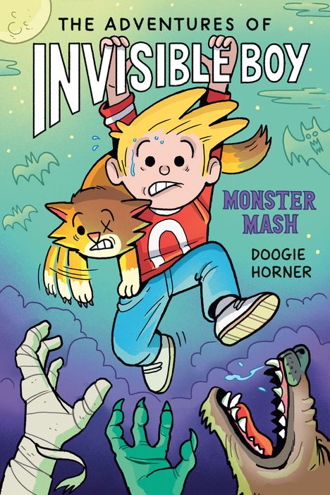 "The Adventures of Invisible Boy: Monster Mash" von Doogie Horner. Junge hebt eine Katze, umgeben von Monstern.